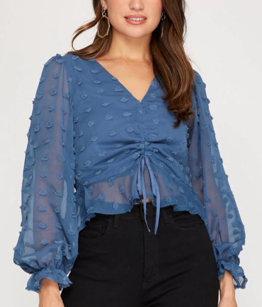 She + Sky DUSTY BLUE SWISS DOTS LONG SLEEVES DRAWSTRING FRONT WOVEN TOP